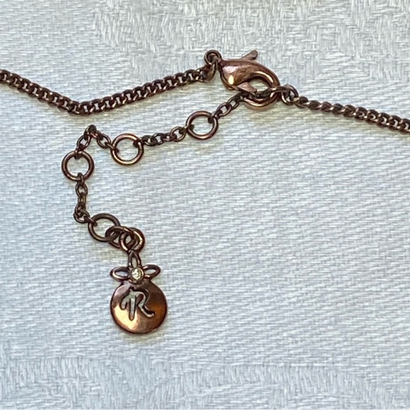 Relic Copper Bronze Tone Hanging Feather Leaves Rhinestones Chain Necklace - Picture 3 of 7